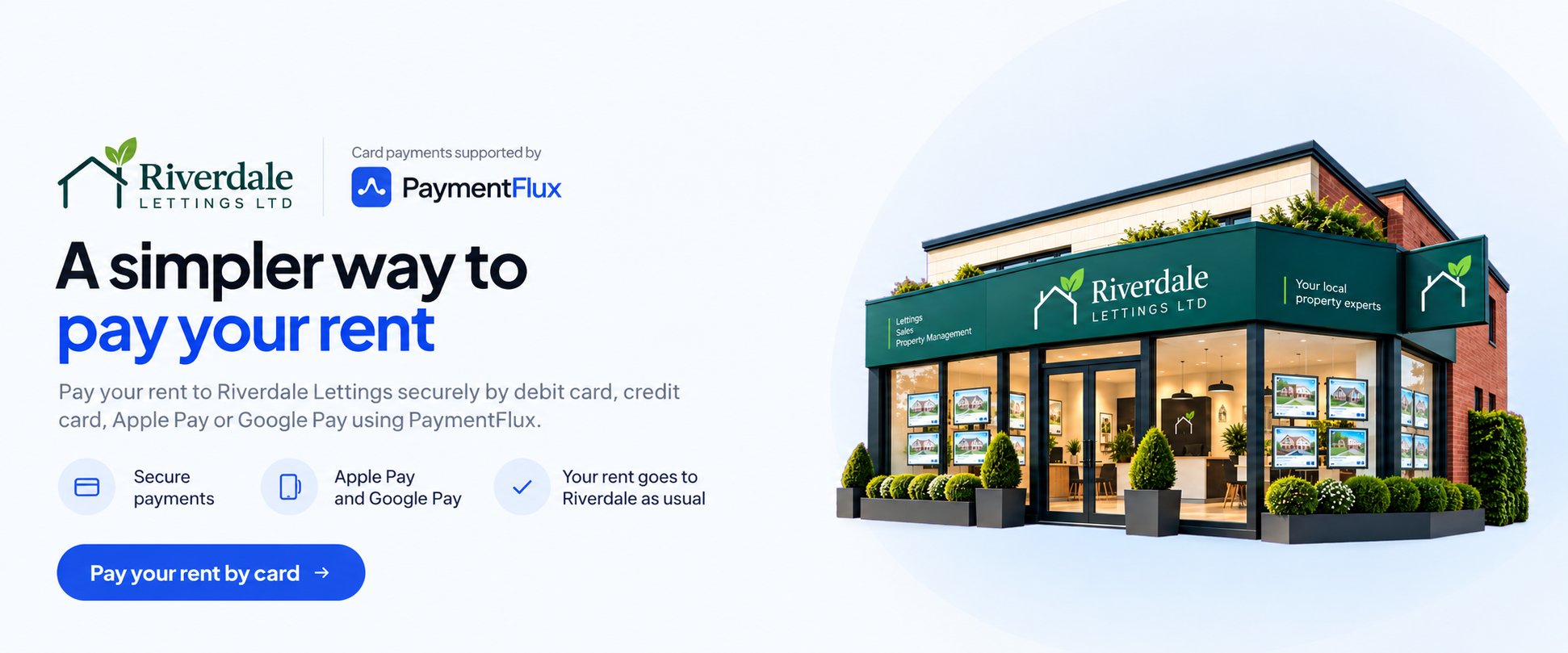 Example Riverdale Lettings and PaymentFlux landscape banner. Riverdale Lettings Ltd is fictional.